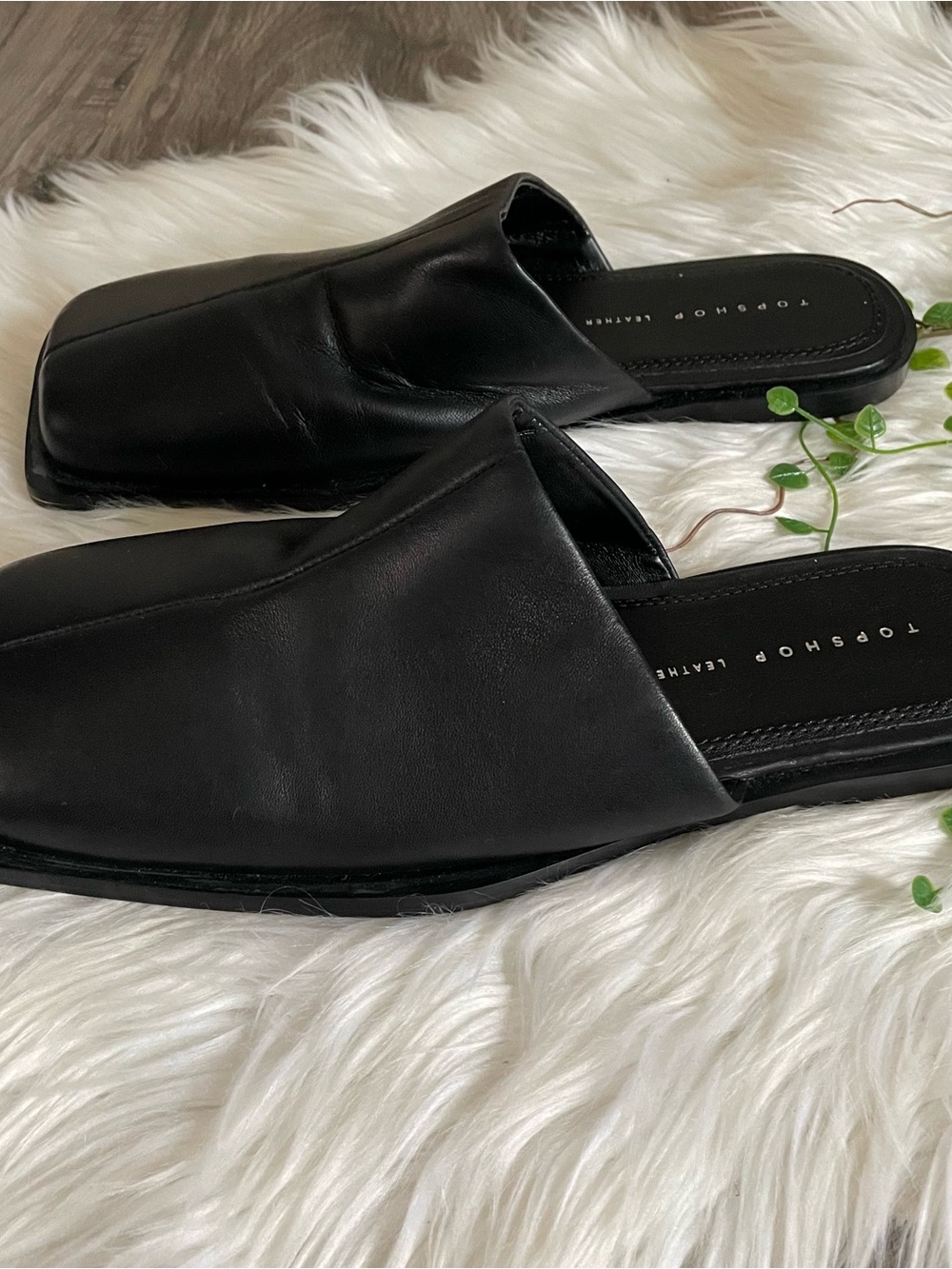 Topshop Cici Black Leather Square Toe Flat Mules Women Size 8 - Picture 4 of 13